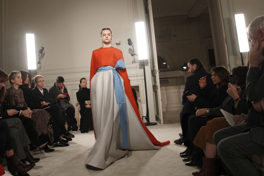 A model wears a creation for the Valentino Haute Couture Spring-Summer 2018 fashion collection presented in Paris, Wednesday, Jan. 24, 2018. (AP Photo/Christophe Ena)
