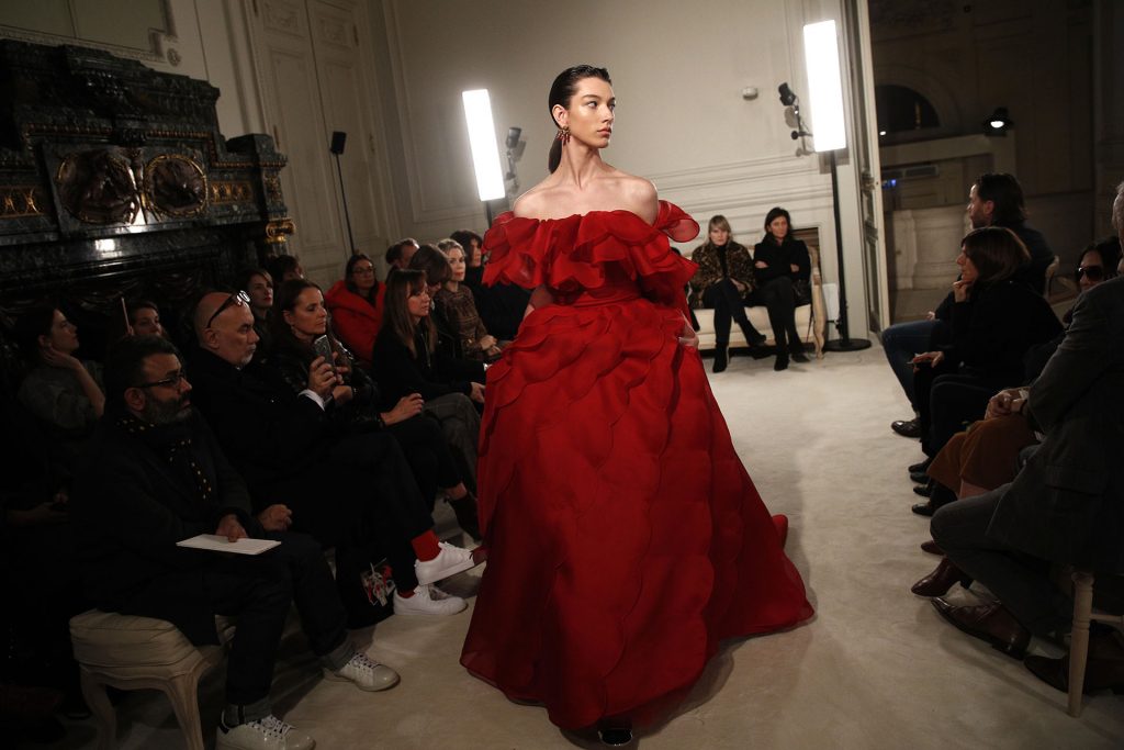 A model wears a creation for the Valentino Haute Couture Spring-Summer 2018 fashion collection presented in Paris, Wednesday, Jan. 24, 2018. (AP Photo/Christophe Ena)