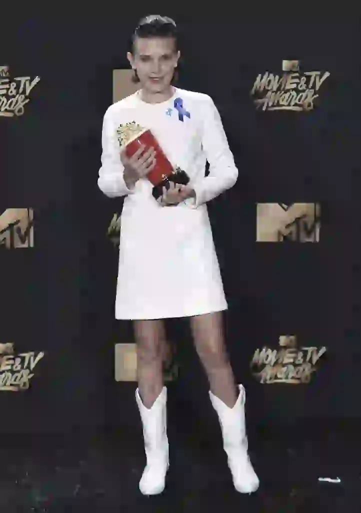 CORRECTS PHOTOGRAPHER FROM CHRIS PIZZELLO TO RICHARD SHOTWELL - Millie Bobby Brown winner of the award for best actor in a show for "Stranger Things" at the MTV Movie and TV Awards at the Shrine Auditorium on Sunday, May 7, 2017, in Los Angeles. (Photo by Richard Shotwell/Invision/AP)