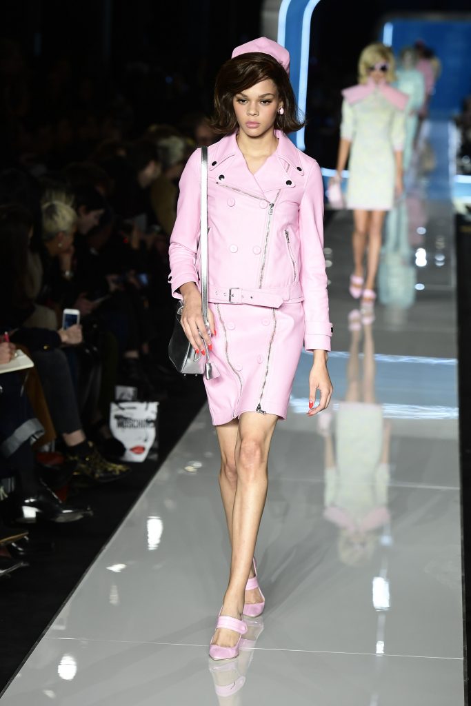 A model presents a creation by Moschino during the women