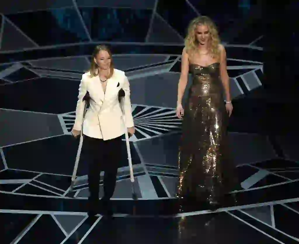 Jodie Foster, left, and Jennifer Lawrence present the award for best performance by an actress in a leading role at the Oscars on Sunday, March 4, 2018, at the Dolby Theatre in Los Angeles. (Photo by Chris Pizzello/Invision/AP)