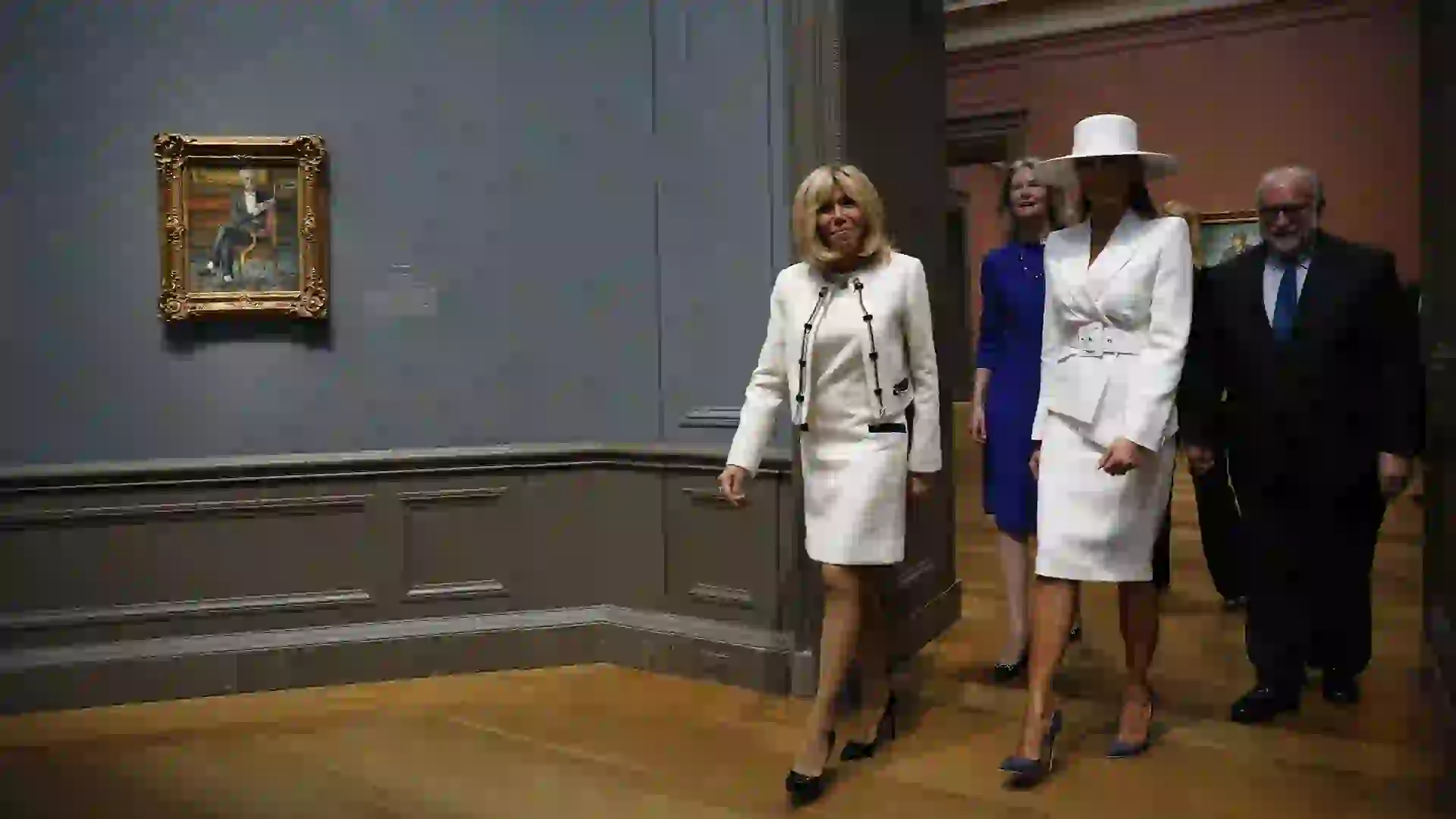 WASHINGTON, DC - April 24: First Lady Melania Trump and French first lady Brigitte Macron tour the National Gallery of Art on April 24, 2018 in Washington, DC. President Donald Trump is hosting French President Emmanuel Macron for the first state visit of his presidency. Aaron P. Bernstein/Getty Images/AFP