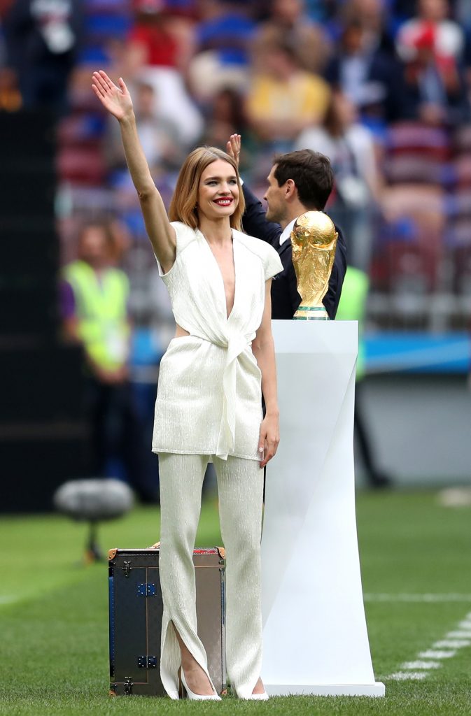 MOSCOW, RUSSIA - JUNE 14: Model Natalia Vodianova cheers the fans prior to the 2018 FIFA World Cup Russia Group A match between Russia and Saudi Arabia at Luzhniki Stadium on June 14, 2018 in Moscow, Russia. (Photo by Catherine Ivill/Getty Images)