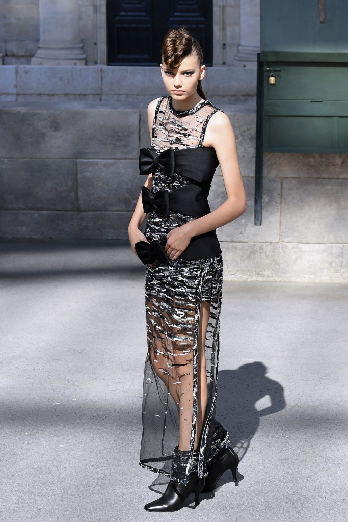 A model presents a creation by Chanel during the 2018-2019 Fall/Winter Haute Couture collection fashion show at the Grand Palais in Paris, on July 3, 2018. For the 2018-2019 Fall/Winter Haute Couture collection, Chanel brings a replica of the French Institute (Institut de France) and French capital