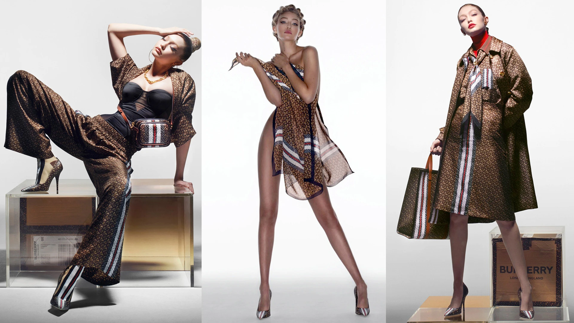 Gigi Hadid en la campaña de la colección Monograma de Burberry. La logomanía llevada al extremo.