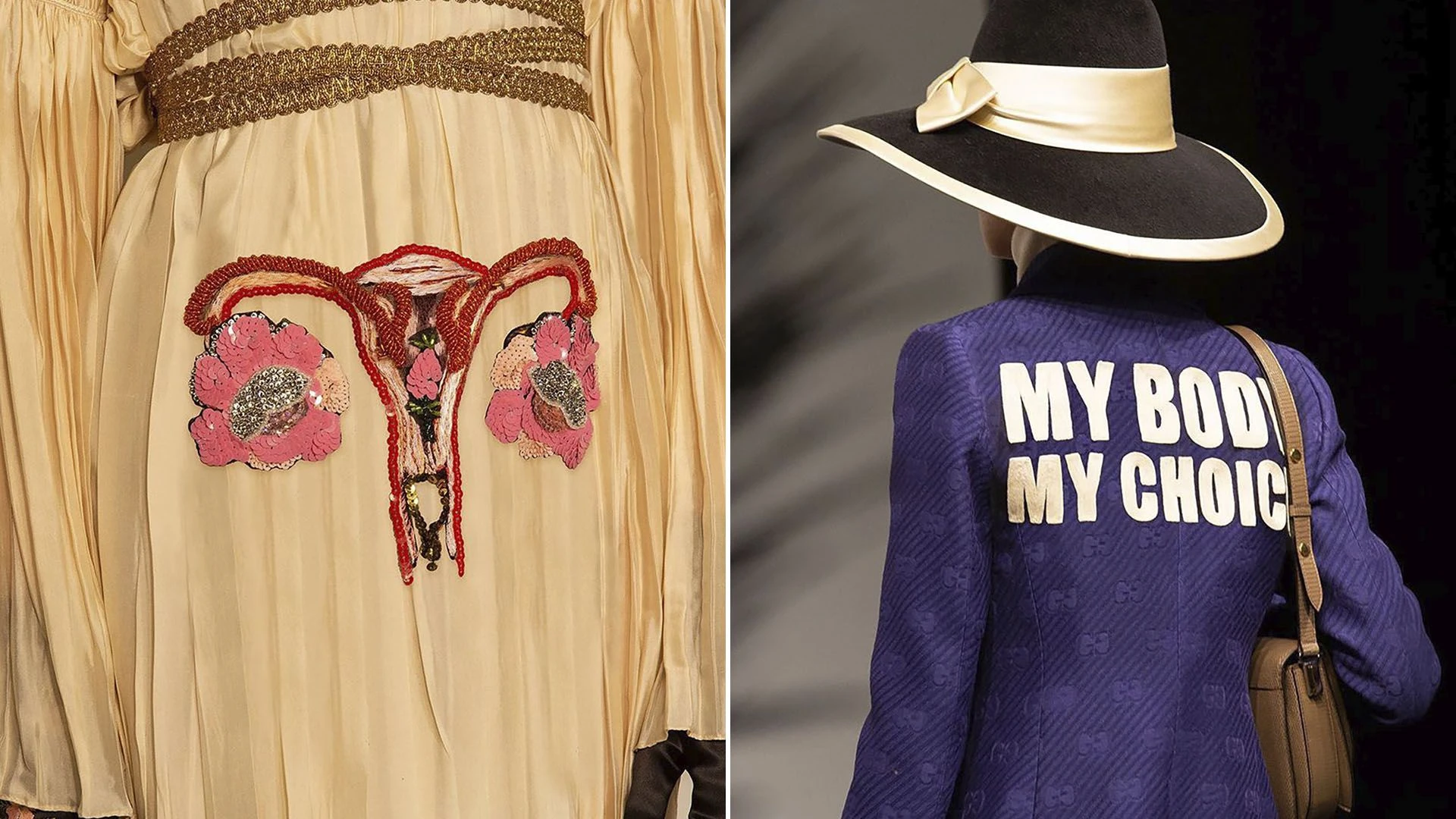 “El” vestido-útero bordado en la pasarela y la contundente espalda de la chaqueta del momento con la leyenda, “mi cuerpo mi decisión”.