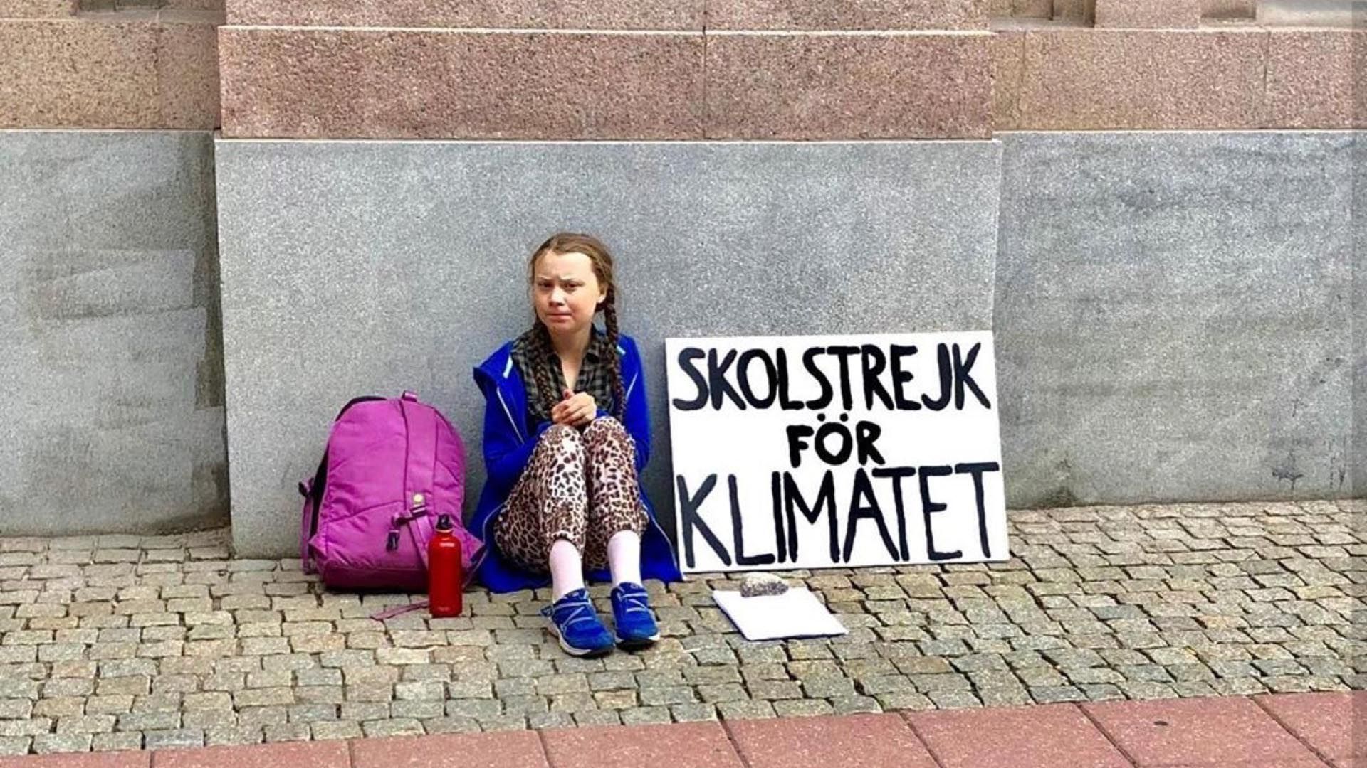 Greta Thunberg protesta en la vereda del Parlamento sueco. “Huelga escolar por el clima”.