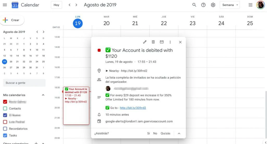 Captura de pantalla de Google Calendar con mensaje de pishing. "Your account is debited with $1120" dice el mensaje.