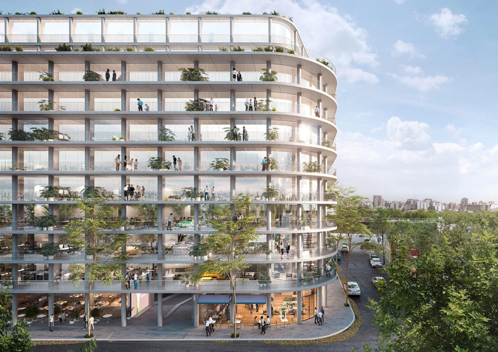 Así será Mirabilia 851 terminada, con terrazas propias perimetrales para todas las oficinas.