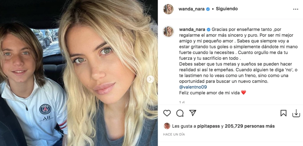 Posteo de Wanda Nara dedicado a Valentino