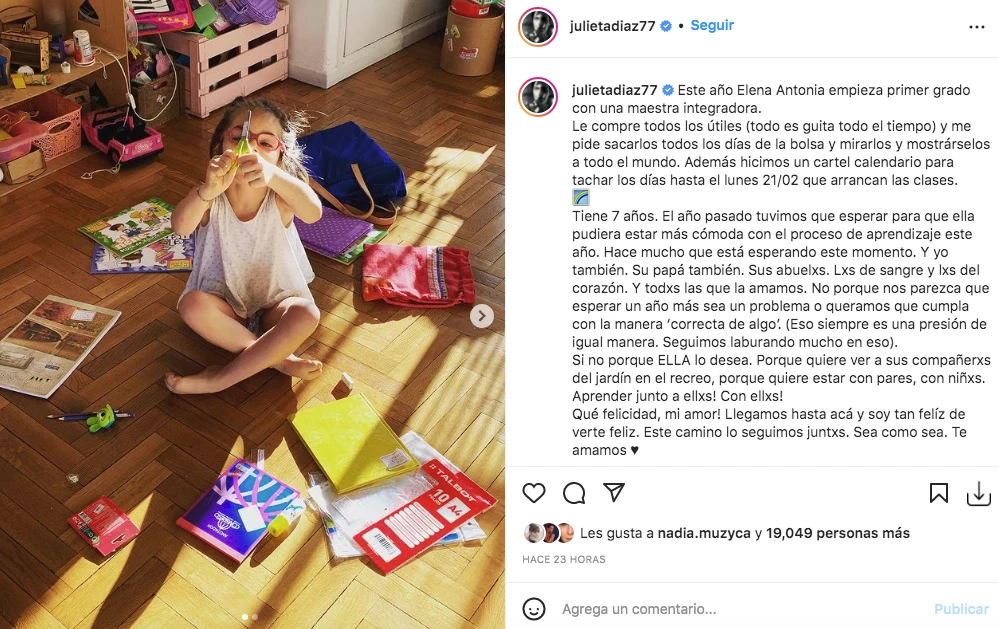 El posteo de Julieta Díaz porque su hija comienza primer grado