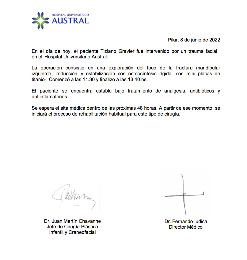 parte médico de Tiziano Gravier tras la cirugía