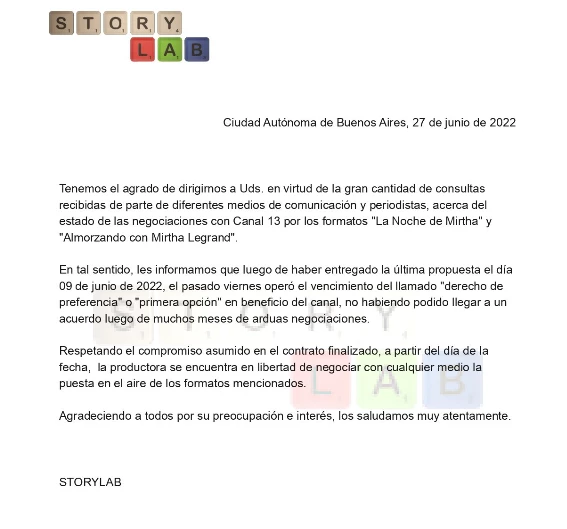 El comunicado de StoryLab sobre los programas de Mirtha Legrand