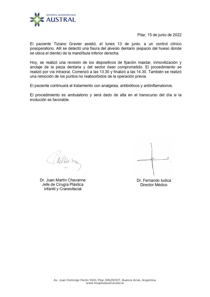 El parte médico de Tiziano Gravier que emitió el Hospital Austral de Pilar