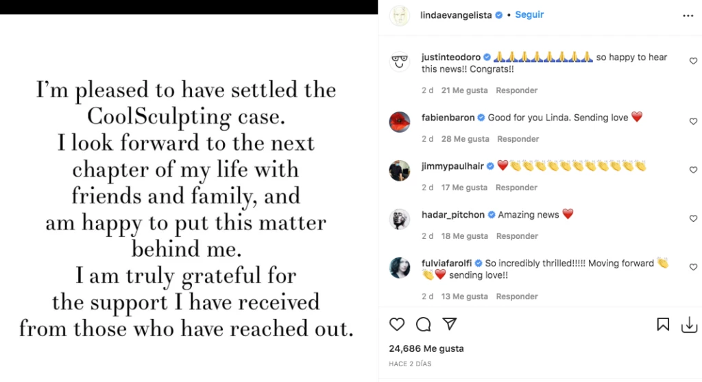 Captura de Instagram con el posteo de Linda Evangelista