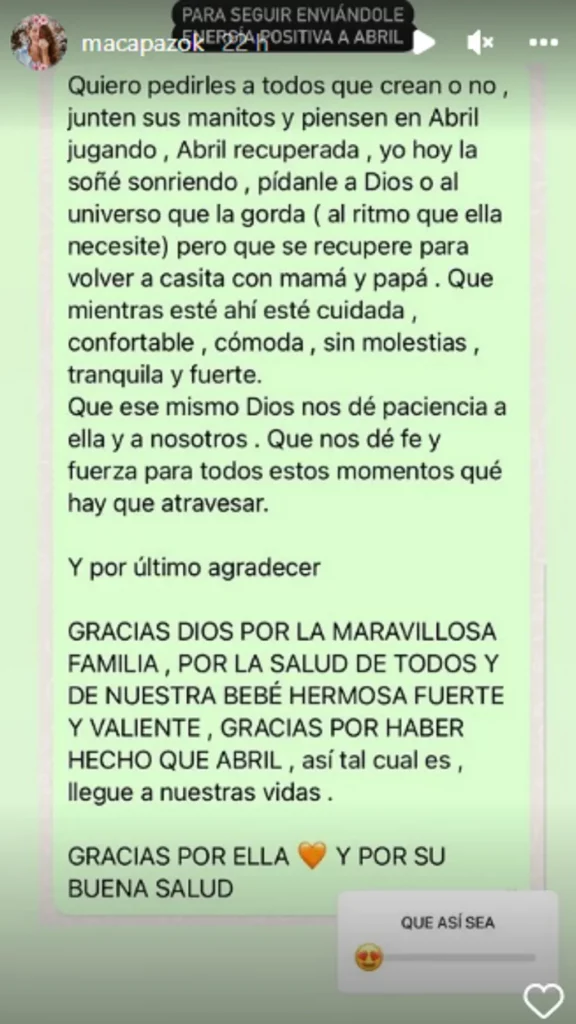 historia de macarena paz sobre su hija abril