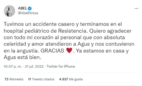 Abel Pintos contó que su hijo Agustín tuvo un accidente doméstico