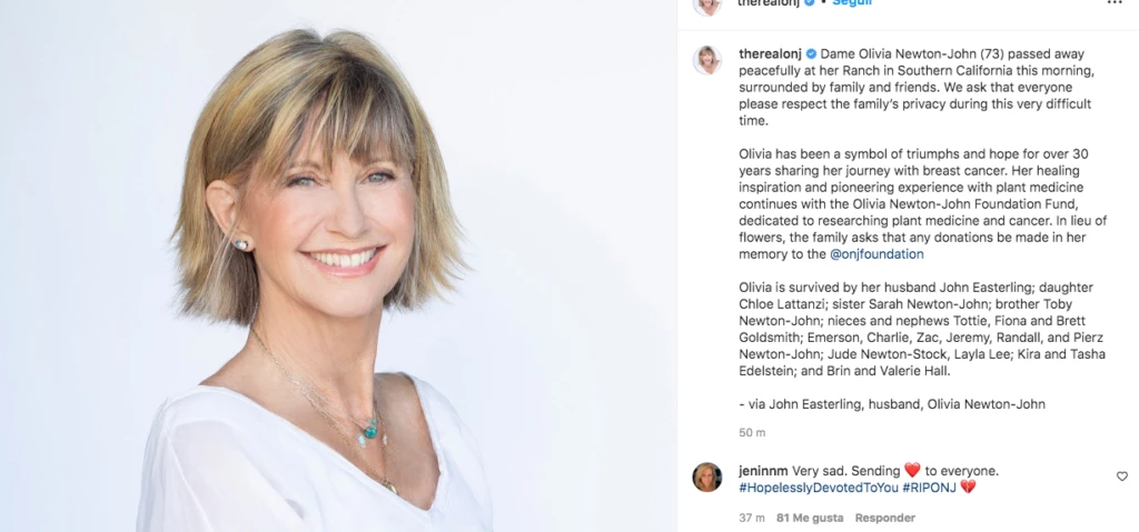 Posteo por la muerte de Olivia Newton John