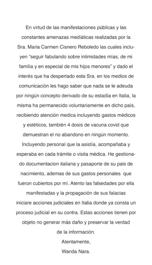 El comunicado de Wanda Nara contra su exempleada
