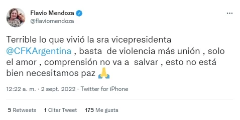 Flavio Mendoza tuit sobre el ataque a Cristina Fernández