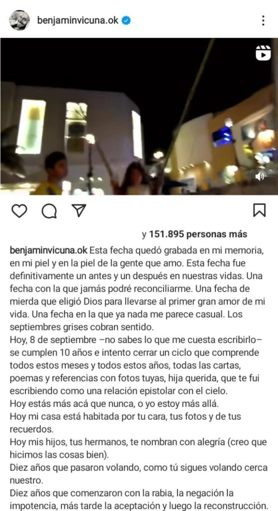 El emotivo posteo de Benjamín VIcuña para su hija Blanca a diez años de su muerte