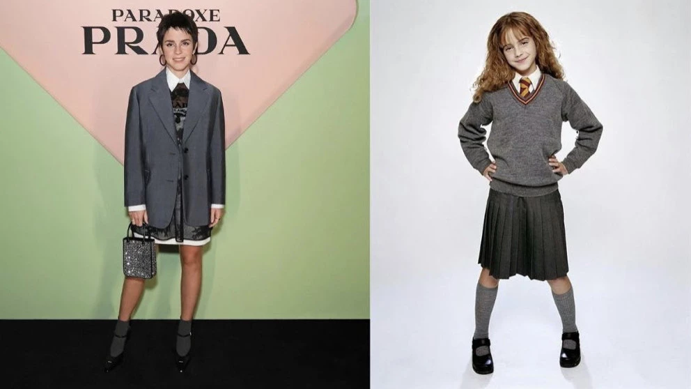 Emma Watson y su look Prada comparado con el uniforme de Hermione en Hogwarts. Foto: Instagram.