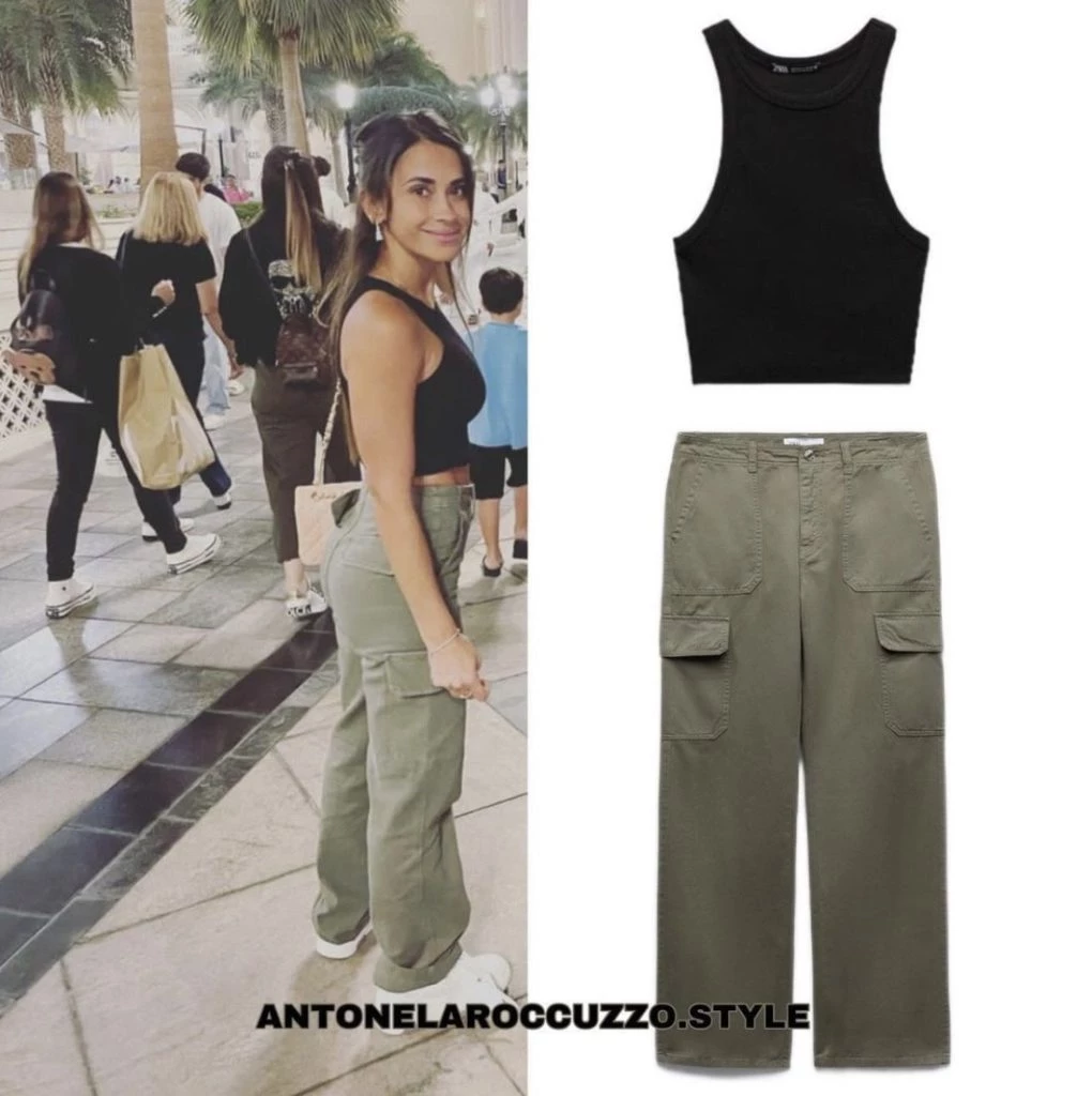 El look noventoso de Antonela Roccuzzo paseando por Qatar. Foto: Instagram.