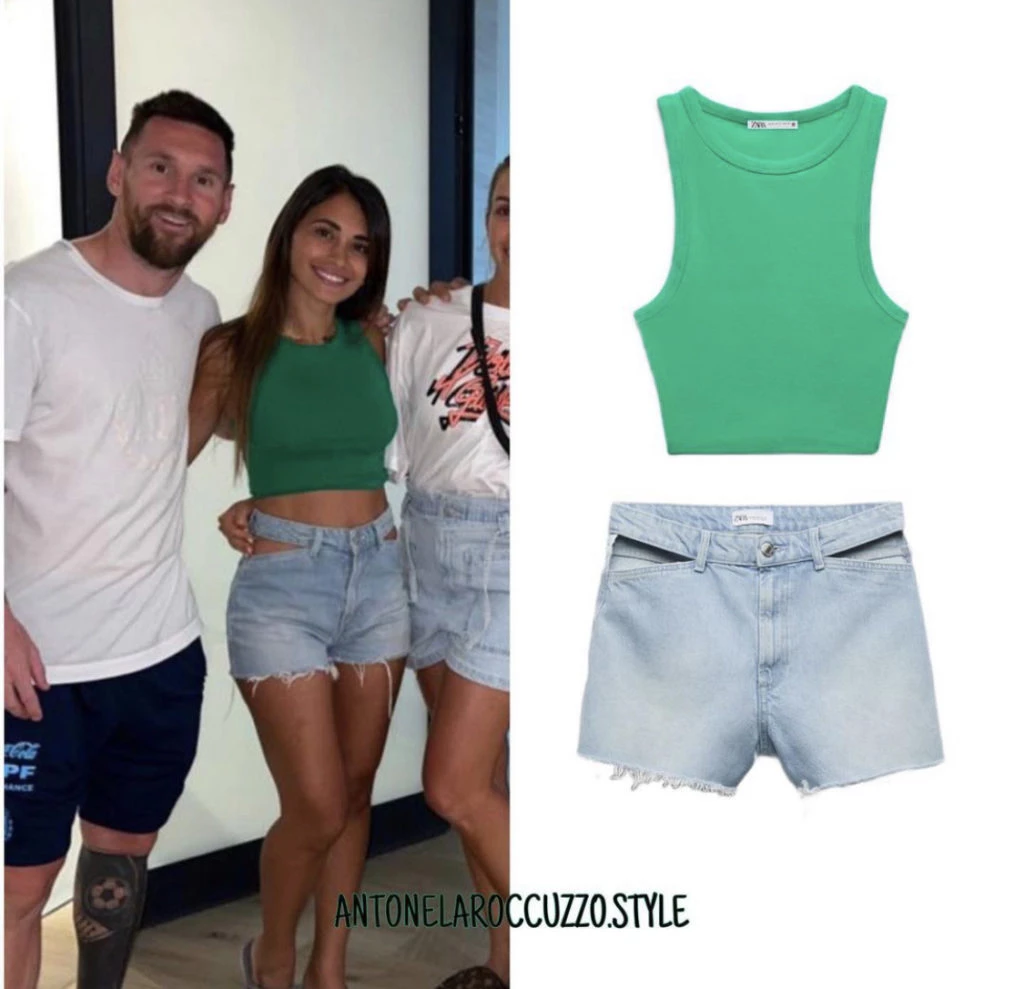Short de jean con detalle cut out y top verde. Así es el look low cost de Antonela Roccuzzo