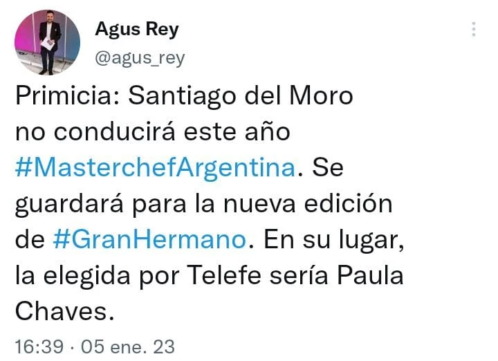 El periodista Agus Rey reveló que Paula Chaves sería la elegida para conducir Masterchef