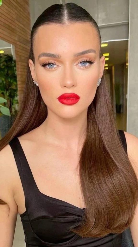 maquillaje con labial rojo