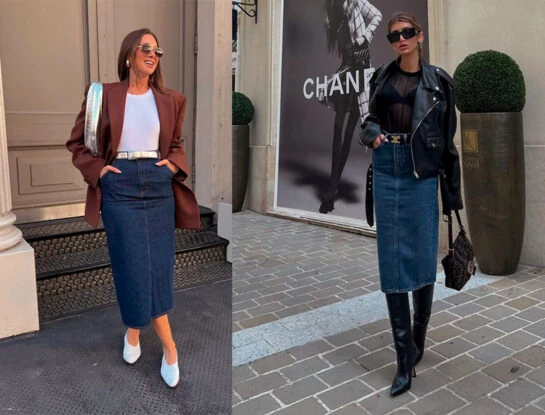 Street Style: cómo llevar la pollera de jean larga en un look para ir a la oficina