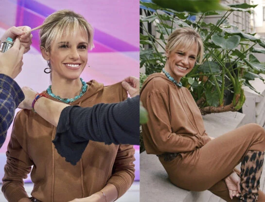 Mariana Fabbiani combinó jogger marrón con botas de caña alta