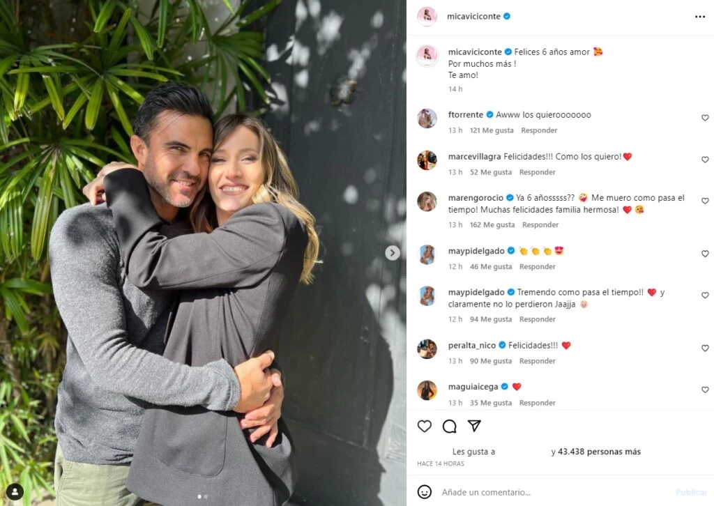 El romántico posteo de Mica Viciconte para Fabián Cubero en su sexto aniversario