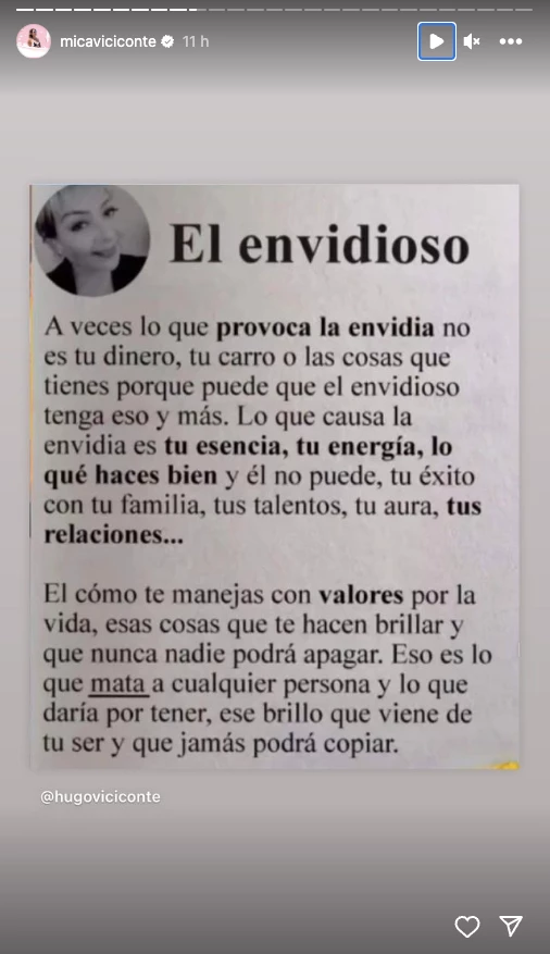 El texto que publicó Mica Viciconte en sus redes sociales.