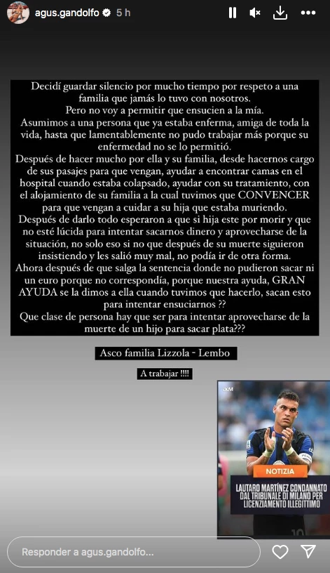 El comunicado de Agustina Gandolfo y Lautaro Martínez tras conocerse el fallo de la justicia italiana por el caso Milagros Lizzola