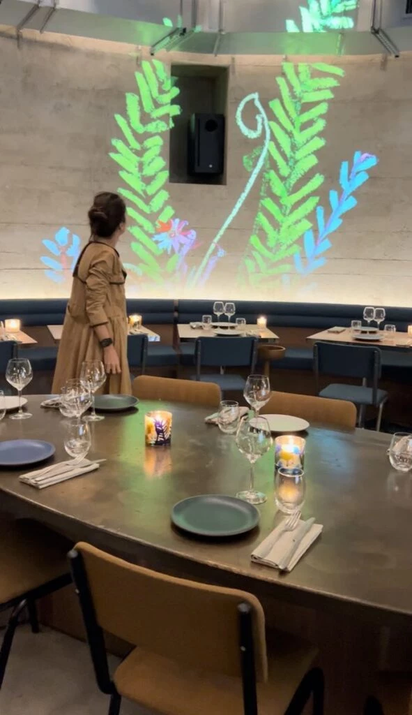 La proyección de ilustraciones de plantas en las paredes de Forest.