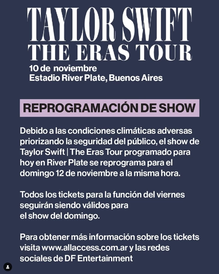Mensaje de la organización anunciando la cancelación del show del viernes por mal tiempo.