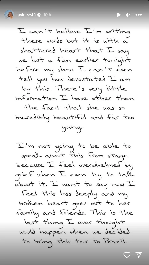 Comunicado de Taylor Swift ante la muerte de una fan en Brasil