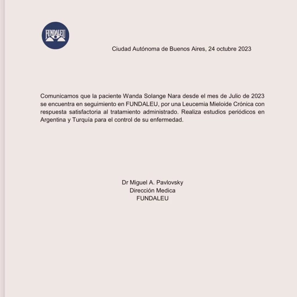 Comunicado oficial de Wanda Nara, que padece leucemia. Foto: IG.