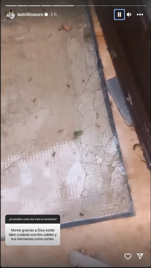 La trilliza Maria Emilia mostró los destrozos que la tormenta dejó en su casa