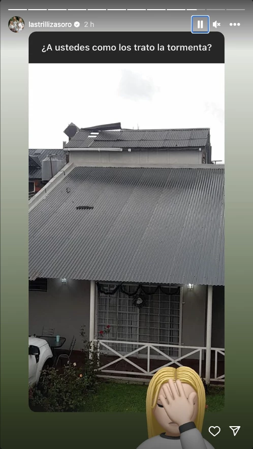 La trilliza Maria Emilia mostró los destrozos que la tormenta dejó en su casa