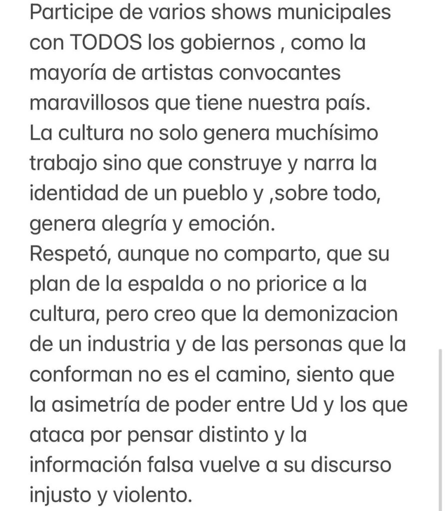 Lali Espósito compartió un comunicado dirigido a Javier Milei.