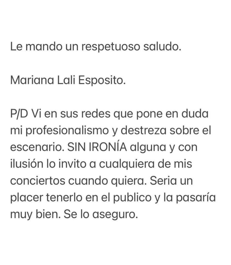 Lali Espósito compartió un comunicado dirigido a Javier Milei.