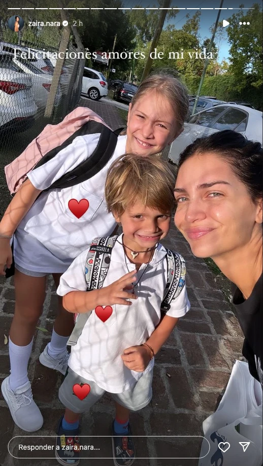 Zaira Nara y sus hijos en el primer día de clases