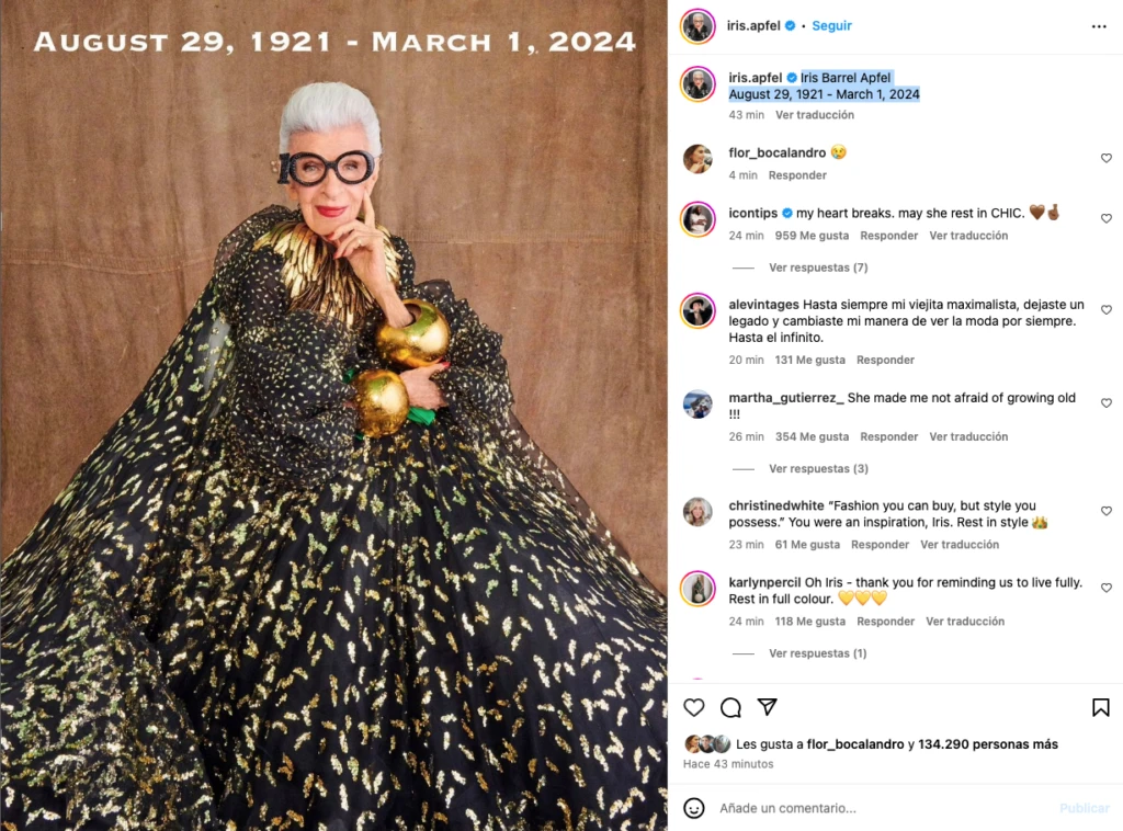 La foto usada para informar acerca de la muerte de Iris Apfel. Foto IG.
