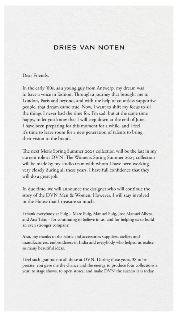 Dries Van Noten se despide de la moda. Foto: Instagram. 