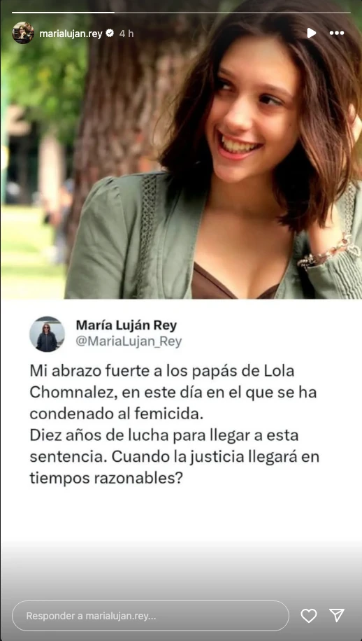 El posteo de María Lujan Rey por el caso Lola Chomnalez