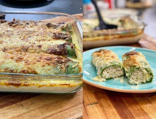 Canelones verdes gratinados con relleno cremoso de pollo y puerro: la receta de Coco Carreño que te resuelve una comida