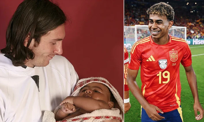 Lamine Yamal en brazos de Lionel Messi ahora, convertido en un crac a los 16 años. Foto Google.