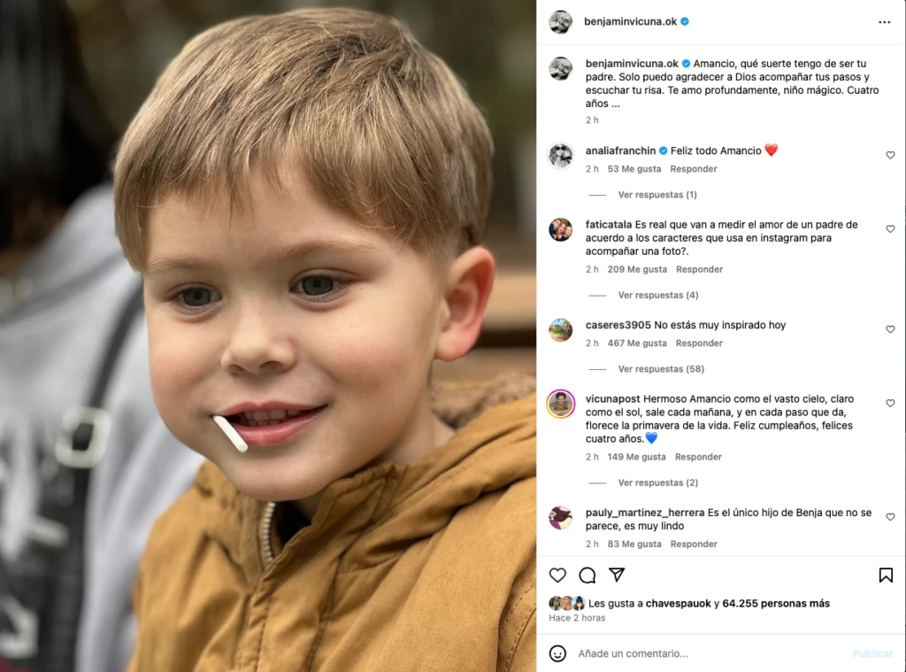 El posteo de Vicuña deseando feliz cumpleaños a su hijo más chico, Amancio.